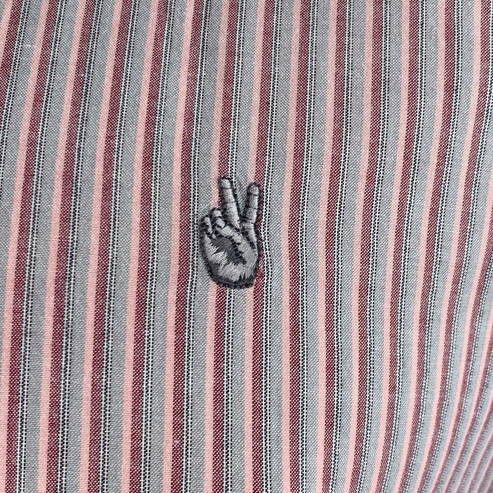 Size L Grey Pink Stripe Cotton Roll Tab Long Sleeve Shirt