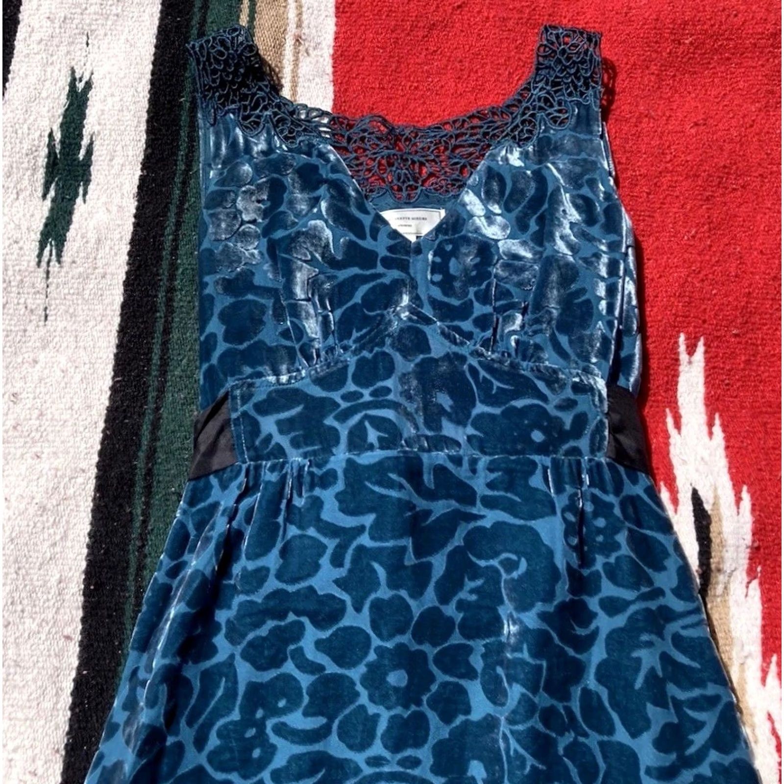 Anthropologie Moulinette Souers Anthropologie Dress Womens Size 2 Blue Velvet Brocade Floral Size XS / US 0-2 / IT 36-38 - 2 Thumbnail