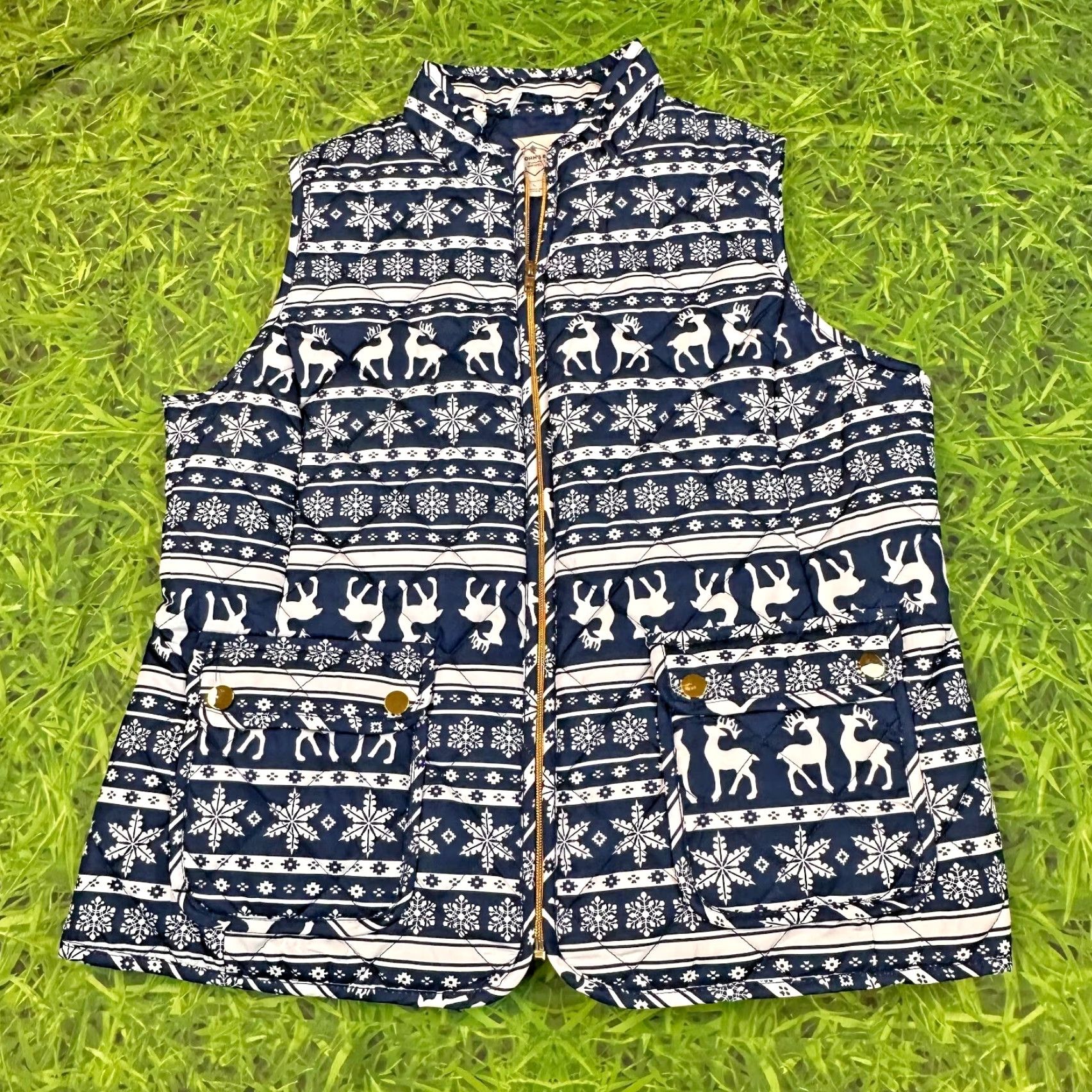 Vintage St Johns Bay Winter Vest Womens Large Deer Snowflake Full Zip AOP Size L / US 10 / IT 46 - 2 Thumbnail