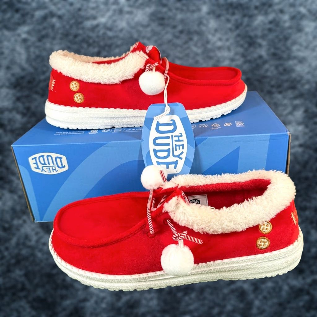 Vintage Hey Dude Loafers Womens Red Christmas Mrs Claus Faux Fur Pom Poms Slip On Size 6 EU 37 US 6 NWT Size US 7 / IT 37 - 1 Thumbnail
