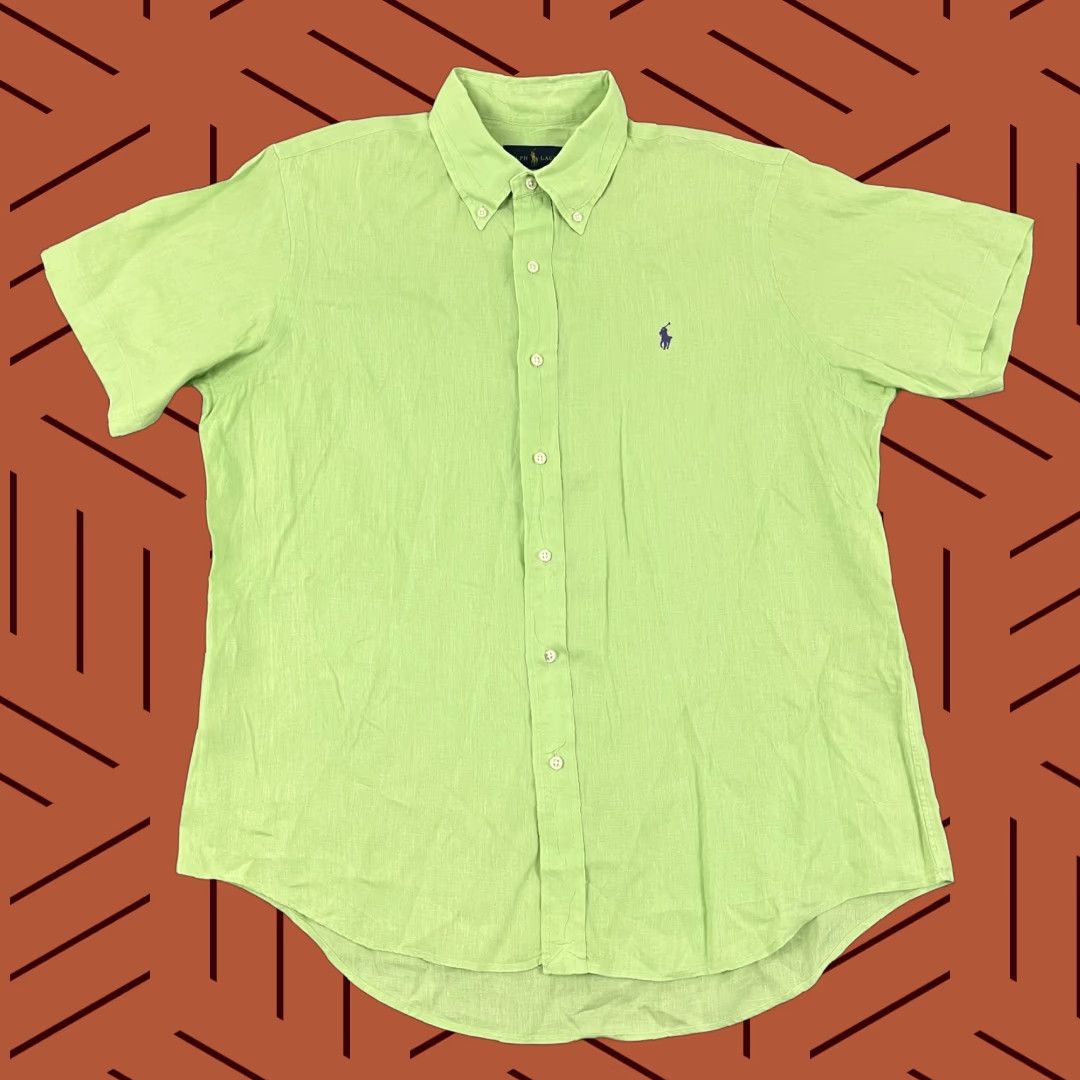 Ralph Lauren VINTAGE Ralph Lauren Shirt Men Large Linen Short Sleeve Green 100% Linen Button-Down Preppy Classic Size US L / EU 52-54 / 3 - 1 Thumbnail