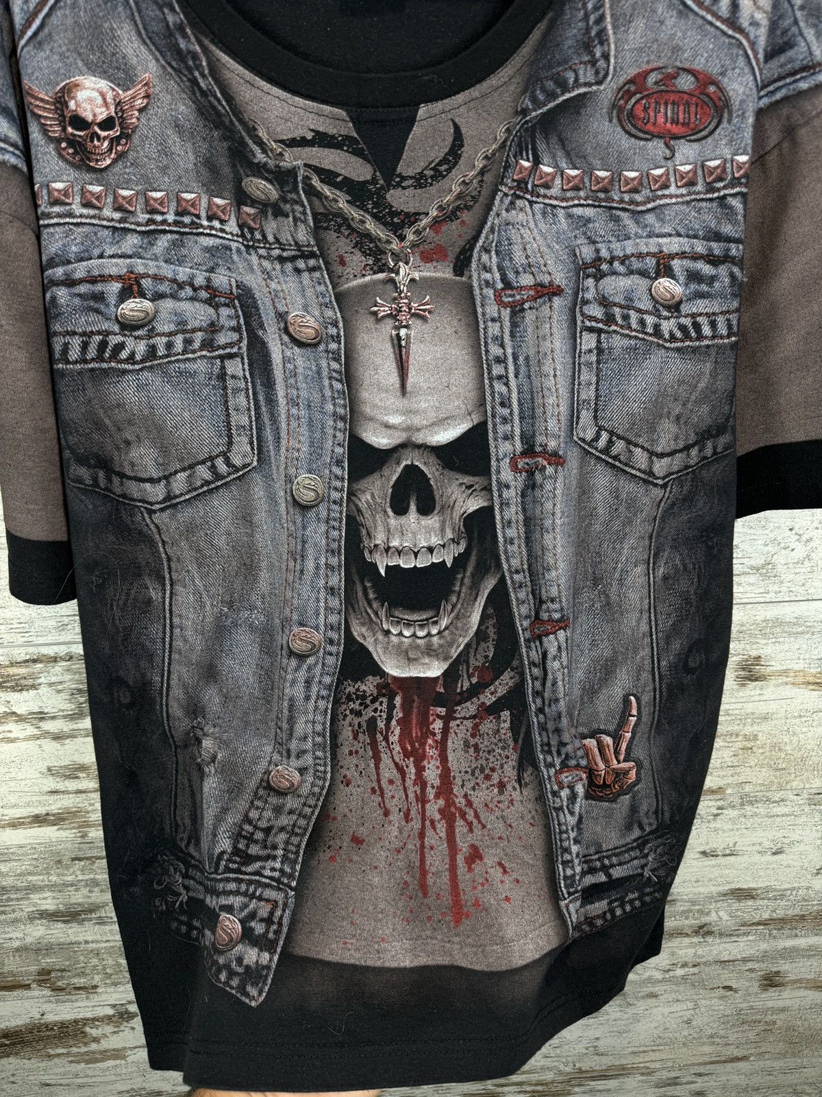 Japanese Brand Mens Vintage Spiral T-shirt tee all print skull biker y2k Size US XXL / EU 58 / 5 - 4 Thumbnail