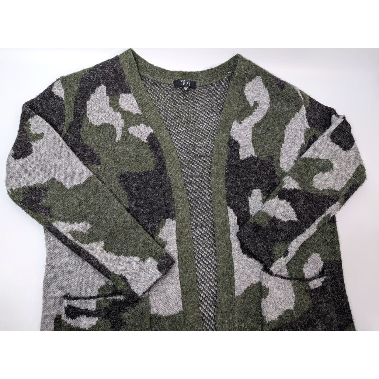 Vintage Modern Canvas Cardigan Women M Green Gray Camo Open Front Sweater Size M / US 6-8 / IT 42-44 - 7 Thumbnail