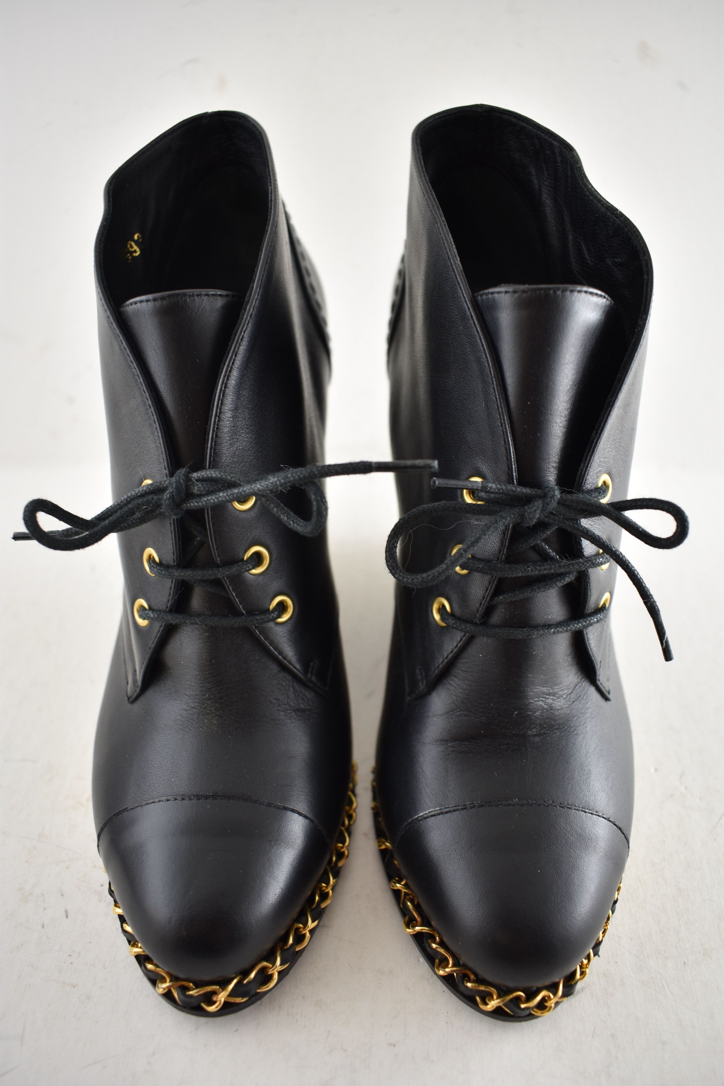 Chanel Leather Gold Chain Around CC Logo Ankle Wedge Boot 38.5 Size US 8.5 / IT 38.5 - 8 Thumbnail