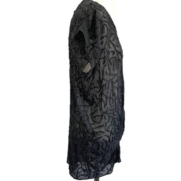Vintage Vintage Black Beaded Silk Chiffon V-Neck Tunic Top Ruching Size M / US 6-8 / IT 42-44 - 4 Thumbnail