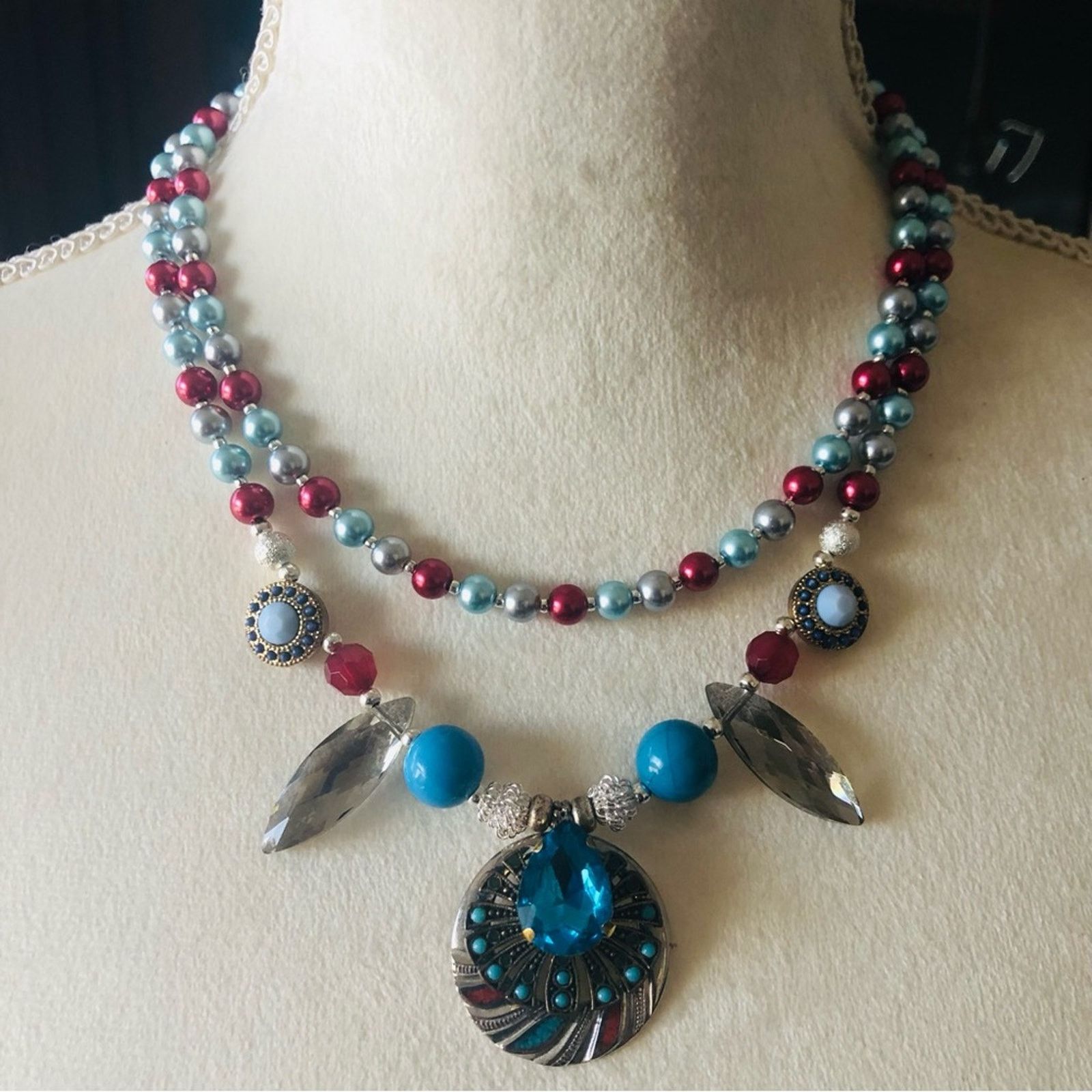 Handmade Handcrafted repurpose double strand turquoise Pearl necklac Size ONE SIZE - 2 Thumbnail