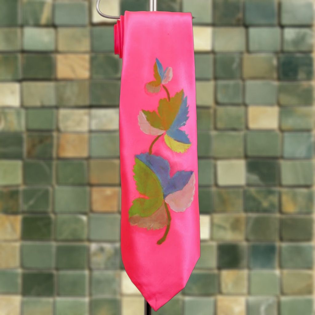 Vintage VTG 1940s Hand Painted Neon Pink & Green Leaf Necktie - Men’s Tie, 40s, Vintage, 49" Length, 4.25" Width, Original Condition Size ONE SIZE - 1 Thumbnail