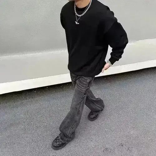 Black Loose Straight-leg Flared Jeans