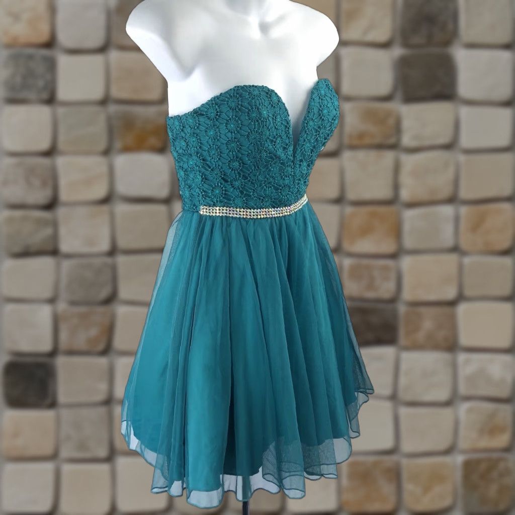 Vintage VINTAGE Strapless Corset Dress Teal Tiered Flare Beads Belt Fairy Y2K Pixie 1 Size XS / US 0-2 / IT 36-38 - 1 Thumbnail