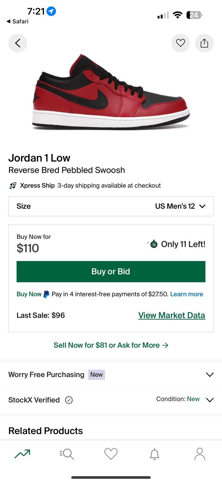 Jordan Brand × Nike Jordan 1 Low Reverse Bred Pebbled Swoosh Size US 11.5 / EU 44-45 - 7 Thumbnail