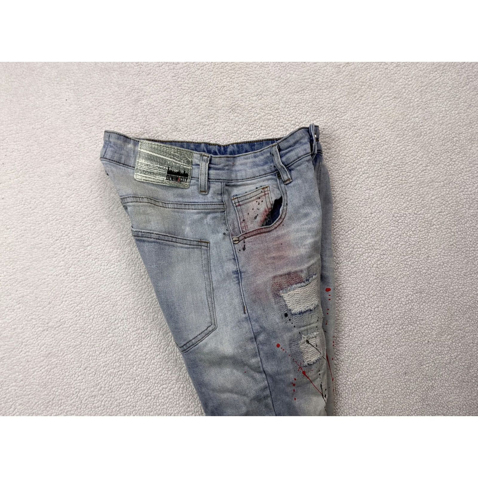 Vintage DENIMICITY Mens Jeans 30x32 Blue Destroyed Painted Light Wash Skinny Low Rise Denimicity Jeans Slim 30x32 Mens Jeans Blue 90s? Size US 30 / EU 46 - 4 Thumbnail