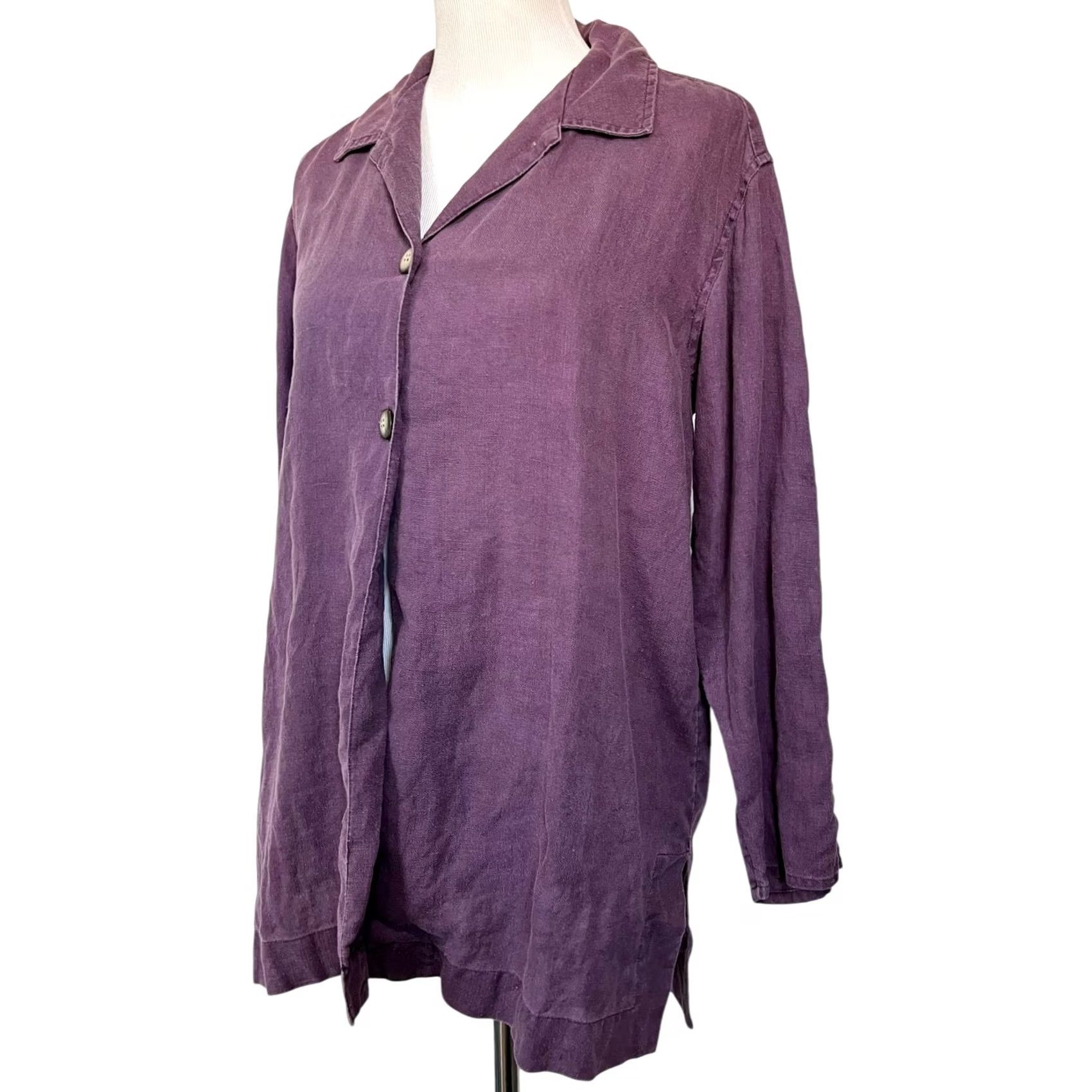J. Jill VINTAGE J. JILL Blouse Shirt Purple 100% Linen Long Sleeve Button Front Collared Tunic Top Petite 4 Women Size S / US 4 / IT 40 - 2 Thumbnail