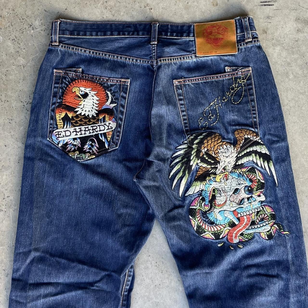 Ed Hardy × Vintage y2k Ed Hardy Embroidered Jeans Skull Eagle Size US 38 / EU 54 - 1 Thumbnail