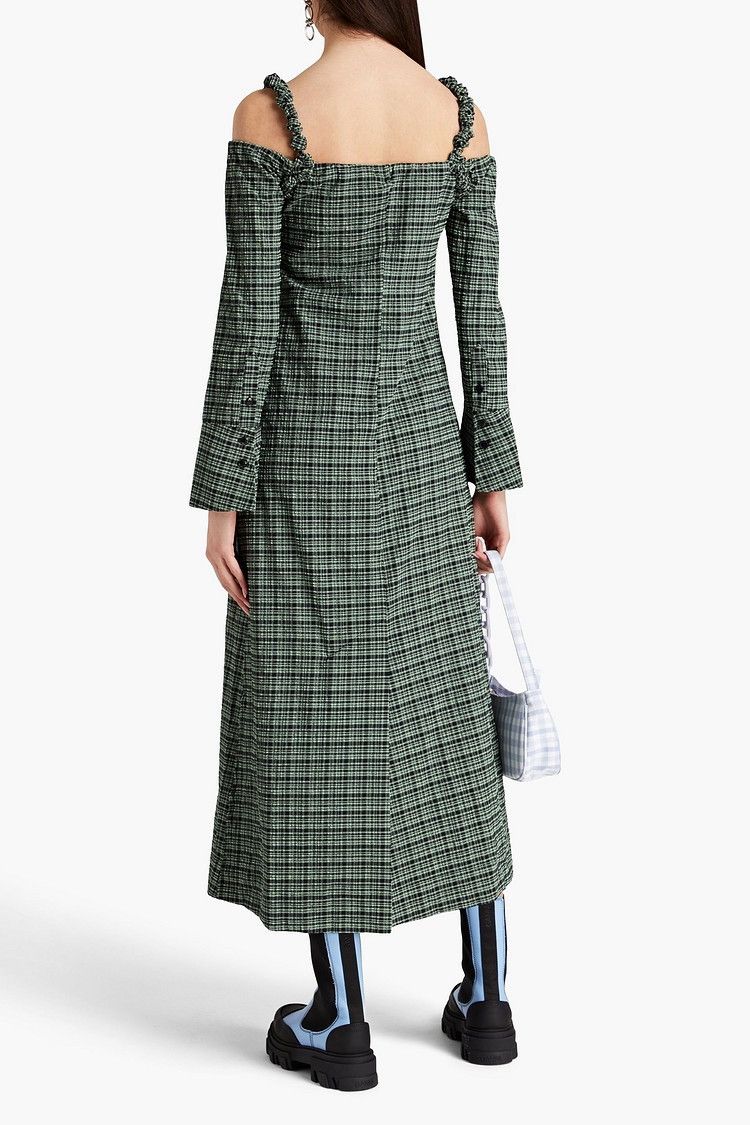 Ganni GANNI Cold-shoulder checked seersucker midi Dress EU32 Size XS / US 0-2 / IT 36-38 - 3 Thumbnail