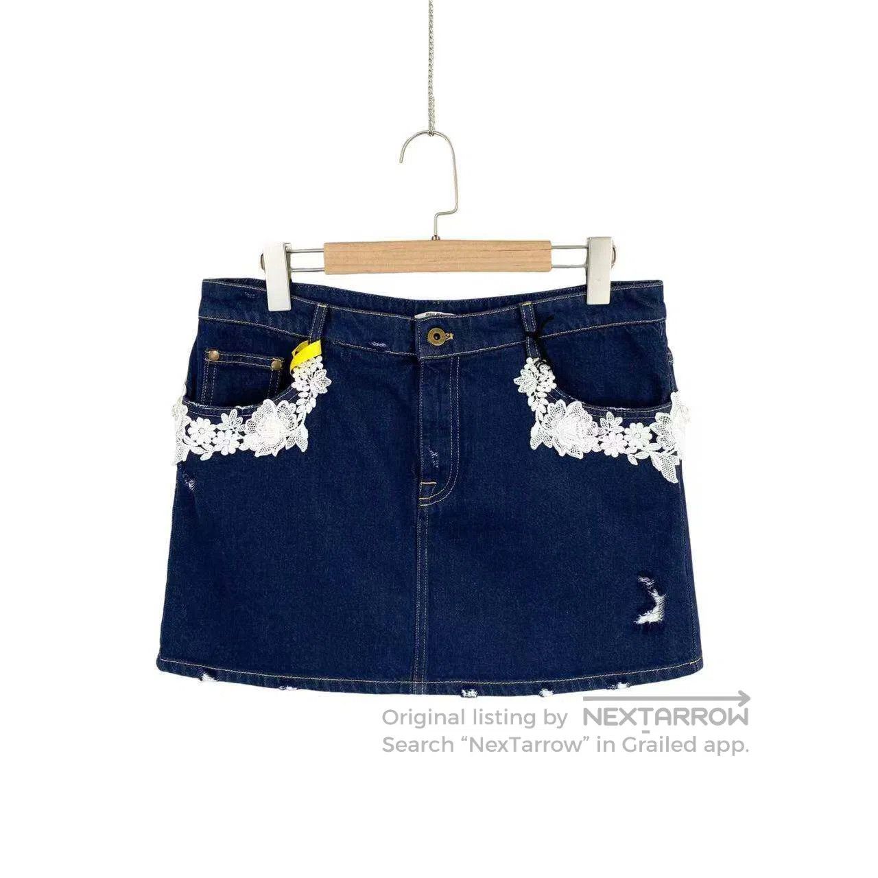 Miu Miu Miu Miu Leather brand logo lace denim skirt| Size 27" / US 4 / IT 40 - 1 Thumbnail