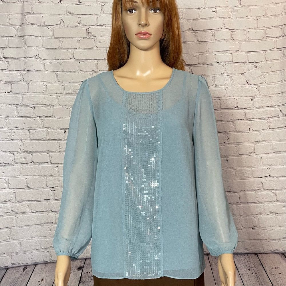 Talbots New Talbots Blue Long Sleeve Chiffon Sequin Blouse Size 8 Size M / US 6-8 / IT 42-44 - 1 Thumbnail