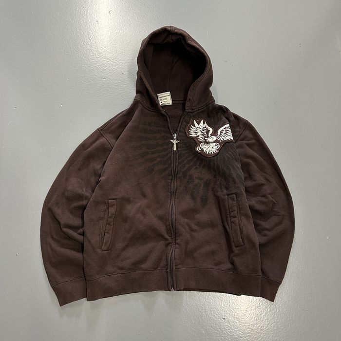 Vintage Crazy Cyber Y2k Avirex Affliction Style Brown Zip Up Hoodie