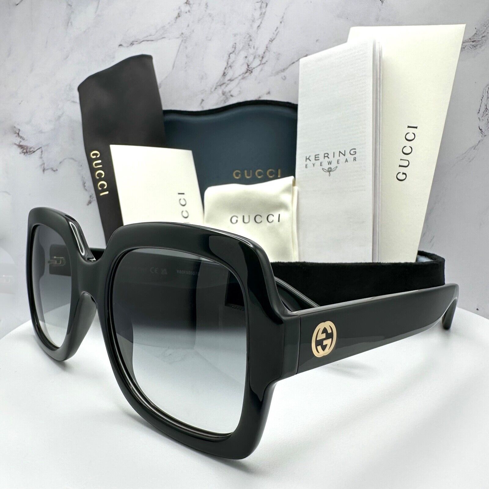 Gucci Sunglasses Black Square Womens Gold GG Logo Oversized