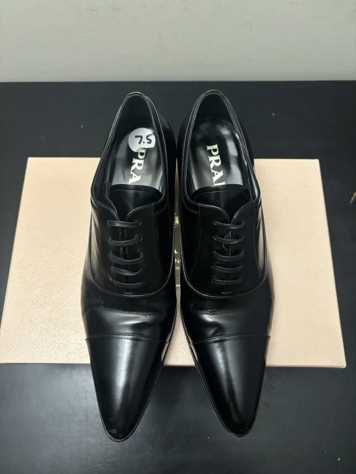 Prada Prada Heeled Derby Leather Loafer Black Size US 7.5 / IT 37.5 - 2 Thumbnail