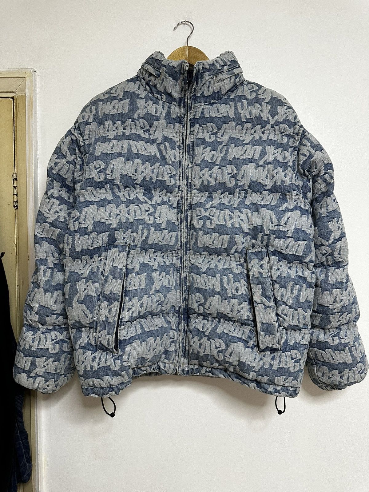 image of Supreme Fat Tip Denim Jacquard Puffer in Blue, Men's (Size Small)