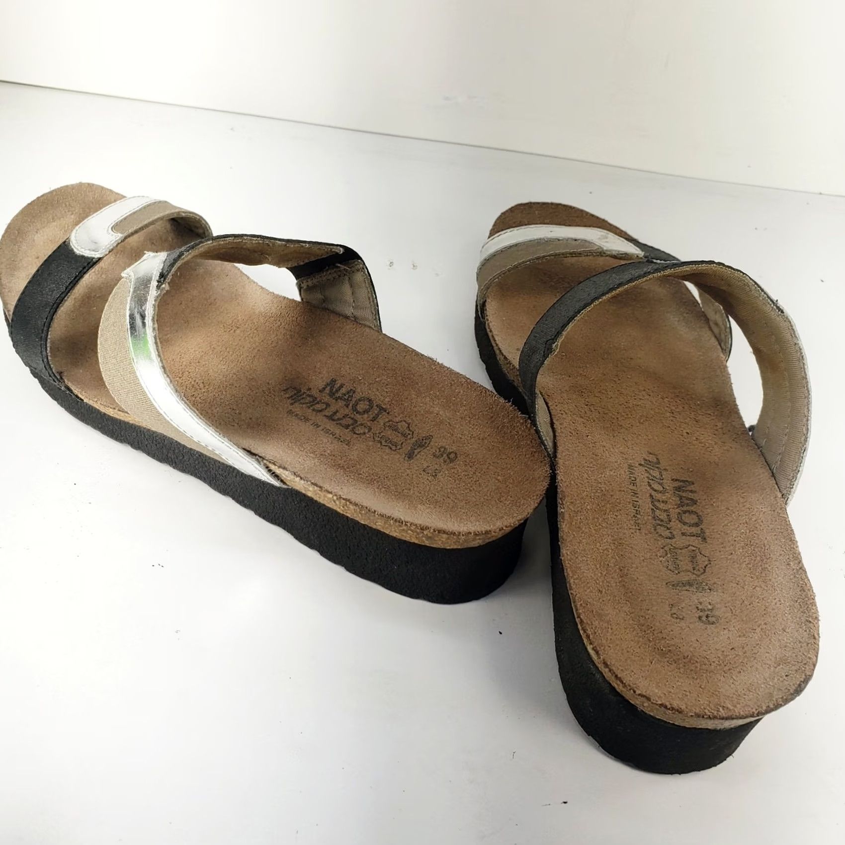 Vintage Naot Women's Sandal Black Silver Metallic Beige Leather Slide Wedge Rhinestone Open Toe 8 Slip-On Leather Insole Outsole Rubber Women Size US 8 / IT 38 - 5 Thumbnail