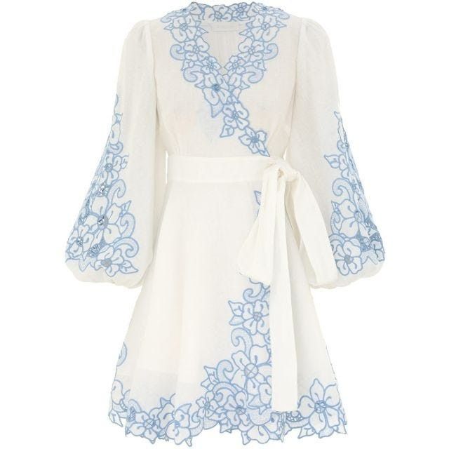 Zimmermann oc11z0525 Floral Embroidery Mini Dress in White & Blue Size S / US 4 / IT 40 - 1 Thumbnail
