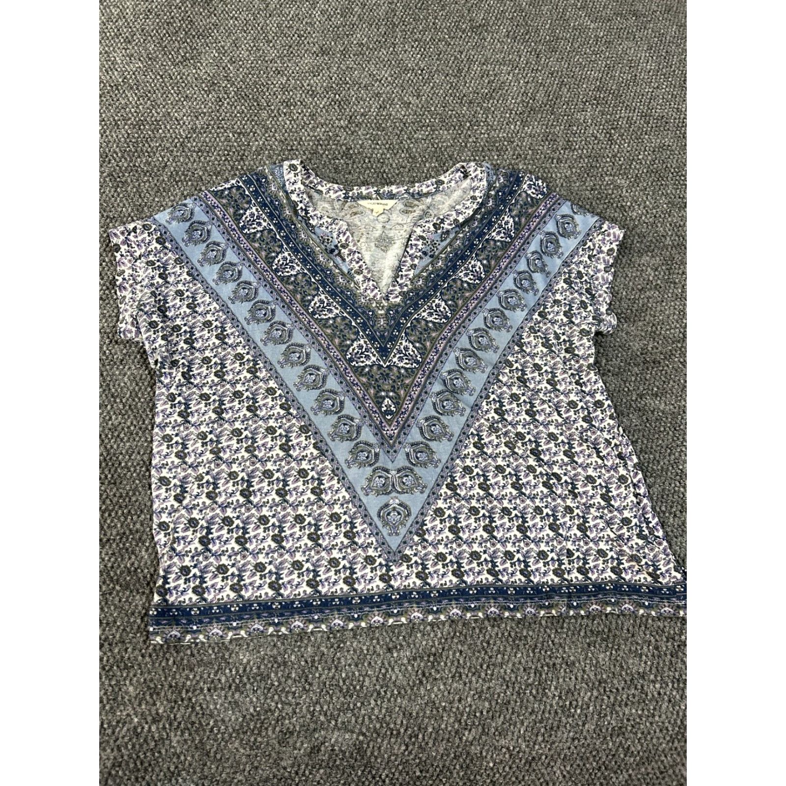 Lucky Brand Lucky Brand Blouse Women's L Blue Purple Floral Boho Knit V-Neck Short Sleeve Pullover Casual Size L / US 10 / IT 46 - 2 Thumbnail