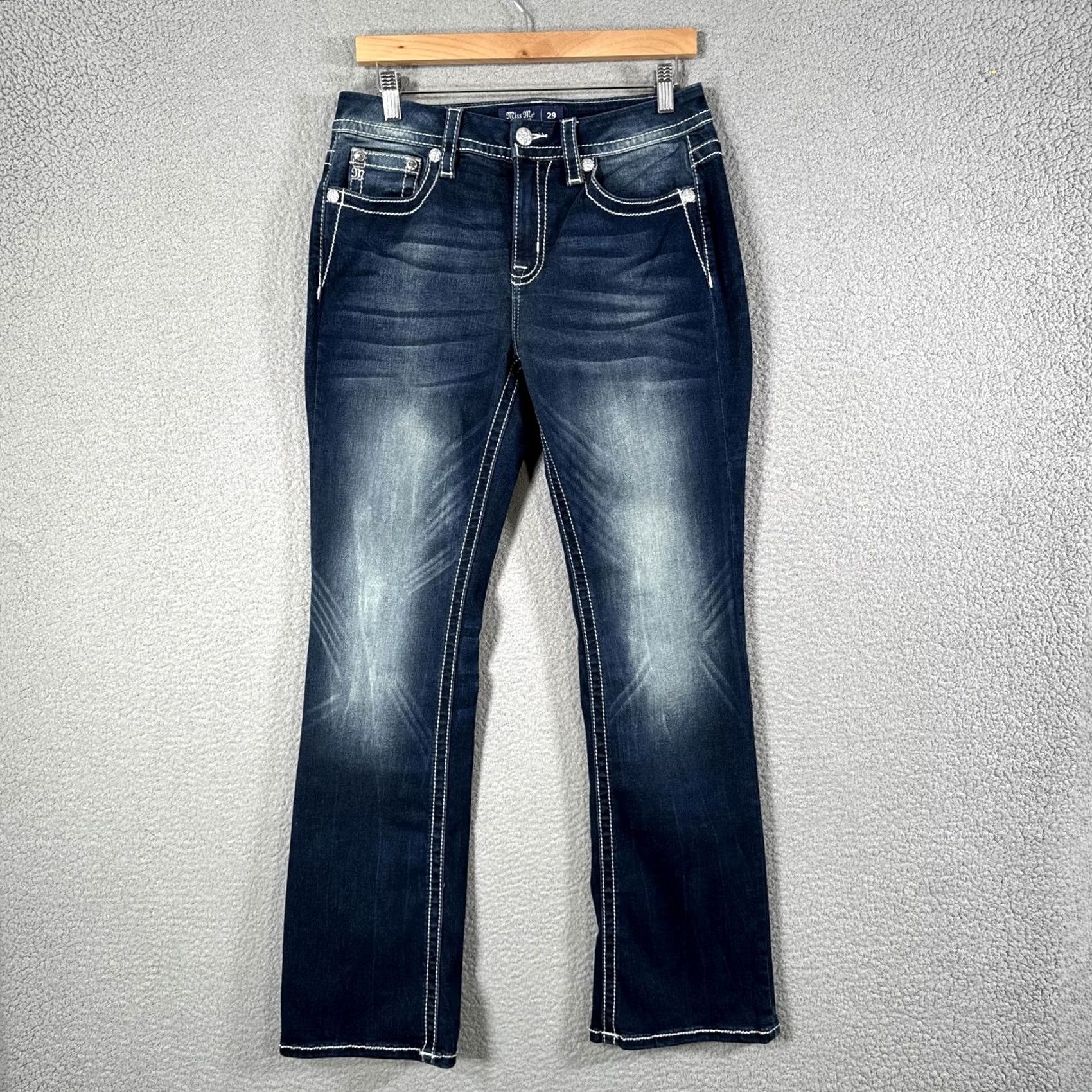 Miss Me Miss Me Jeans Womens Bootcut 5-Pocket Rhinestone Embroidered Studded Blue Curvy W29 L32 Denim Size 29" - 4 Thumbnail