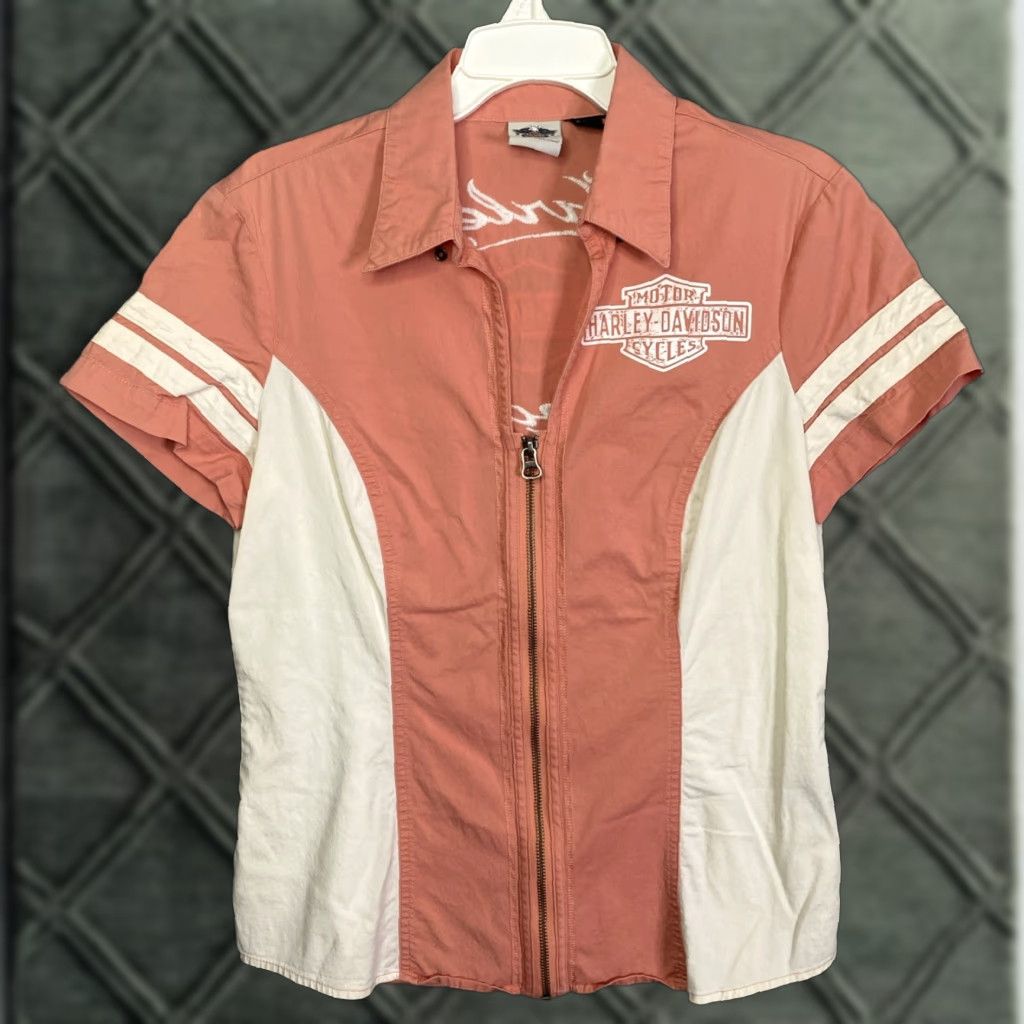 Harley Davidson VTG Y2K HARLEY-DAVIDSON GENUINE MOTORS ORANGE WHITE ZIP-UP SHIRT M Womens V-Neck Short Sleeve Slim Fit Cotton Blend Embroidered Zip Vintage: Yes Size M / US 6-8 / IT 42-44 - 1 Thumbnail