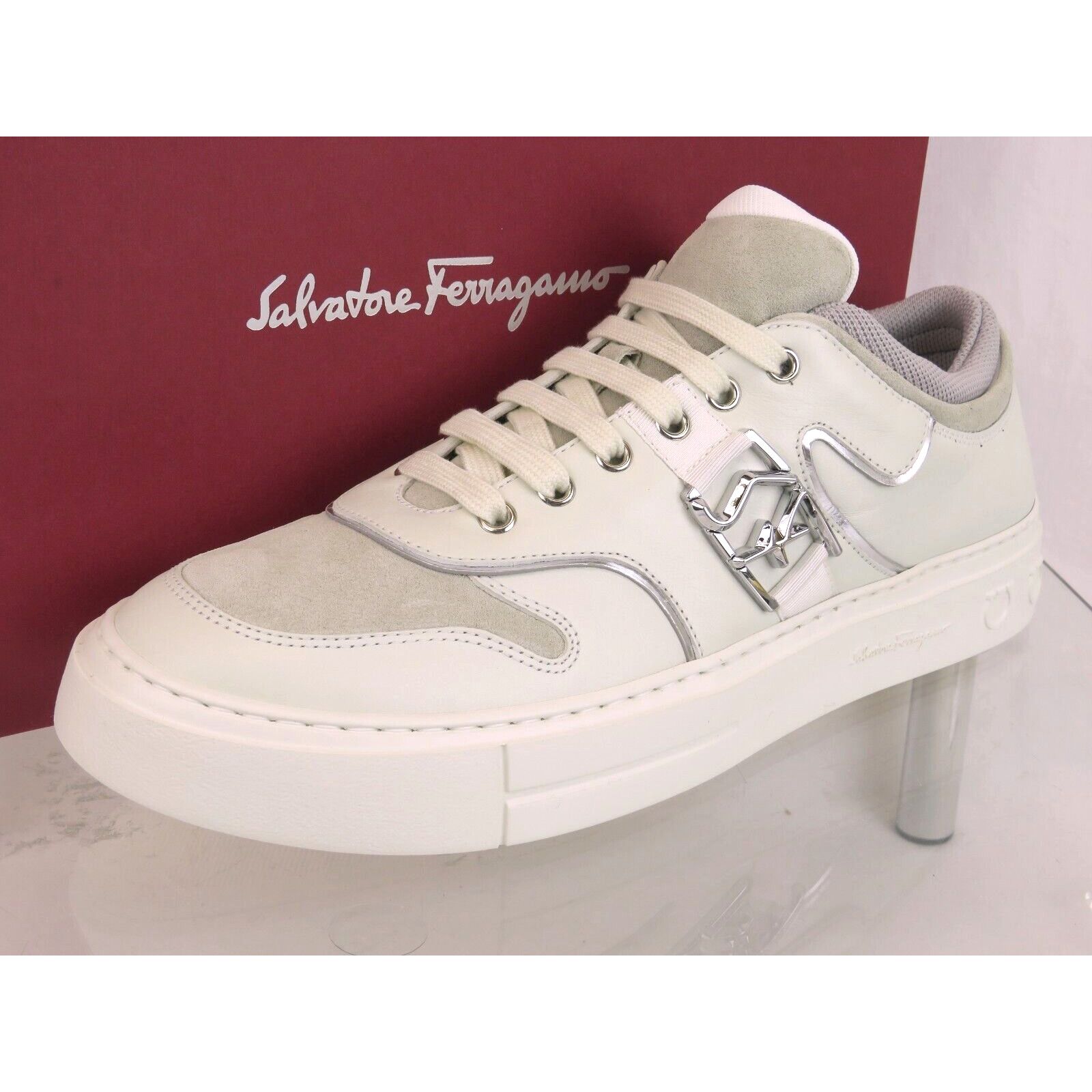 NORIS WHITE LEATHER BEIGE SUEDE SF LOGO SNEAKERS 10.5 M