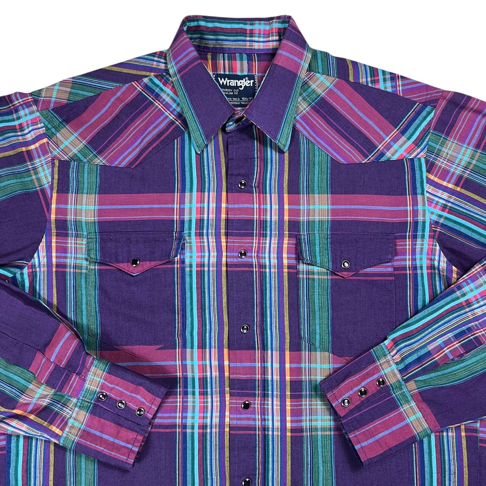 Vintage × Wrangler Vintage 80s Wrangler pearl snap plaid Western button up Size US XL / EU 56 / 4 - 2 Thumbnail