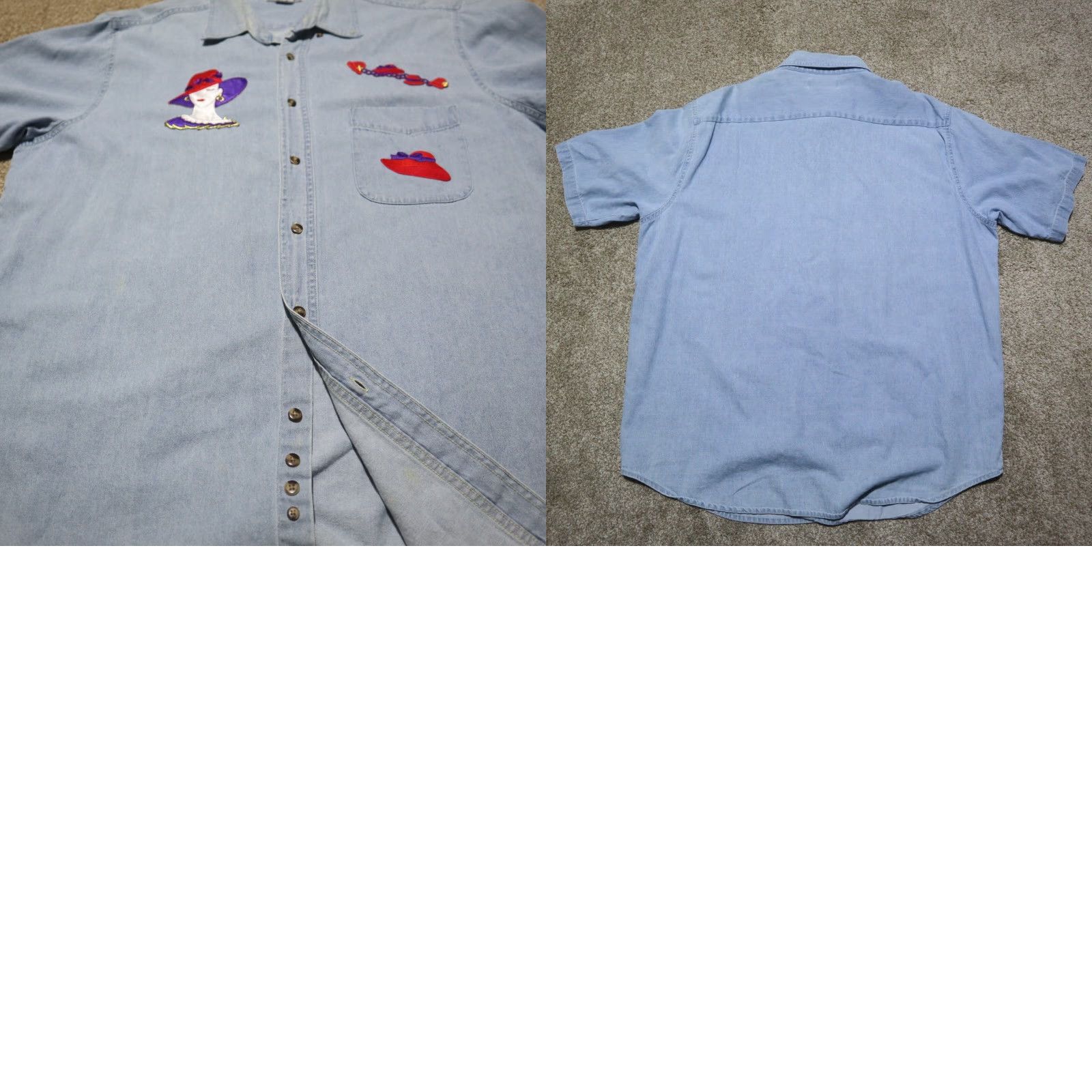 Denime Harriton Shirt Women XL Blue Denim Short Sleeve Button-Down Front Pocket Embroidered 100% Cotton Size XL / US 12-14 / IT 48-50 - 8 Thumbnail