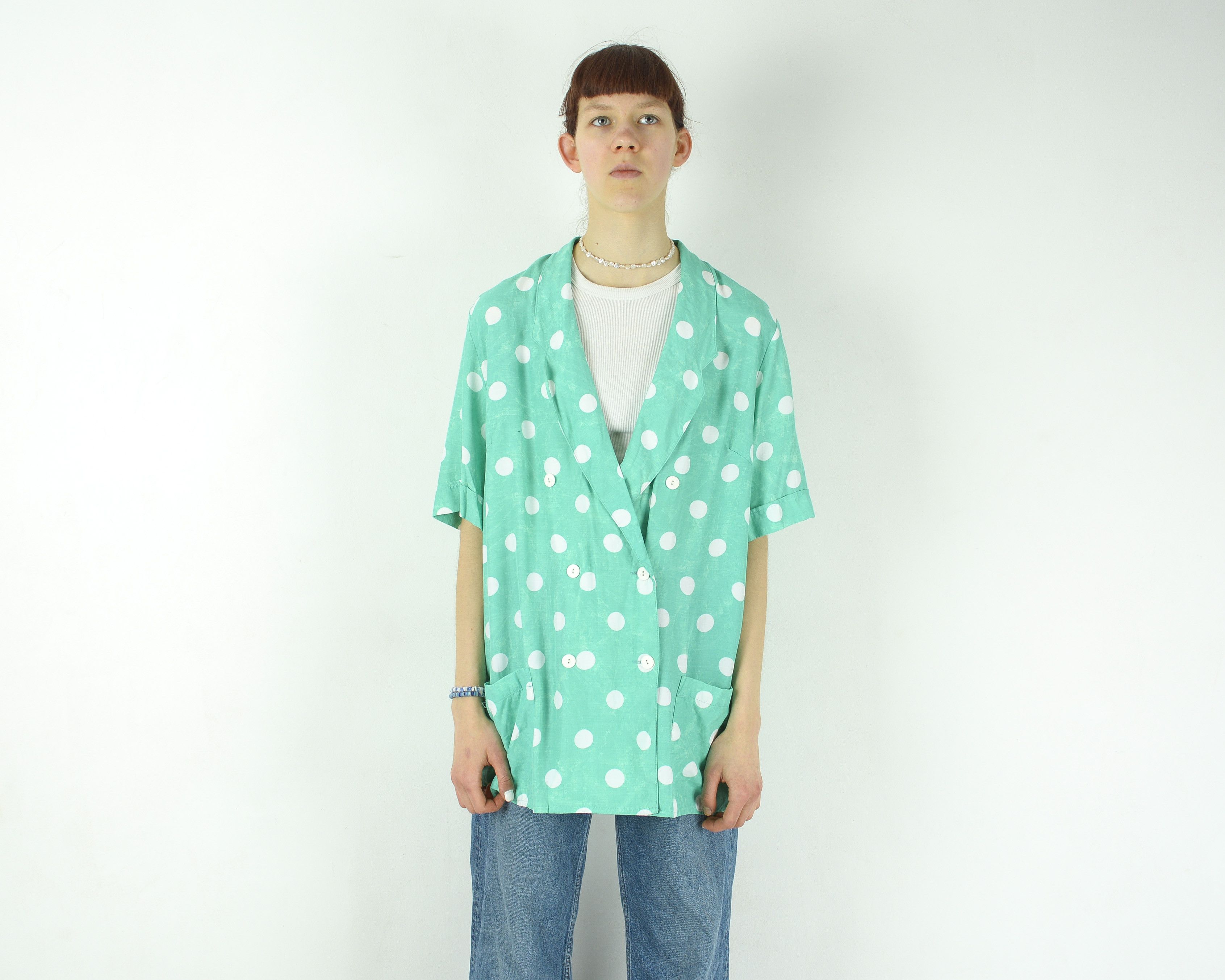 Vintage Polka Dot Button Up Shirt Blouse Short Sleeved V-Neck Top Size L / US 10 / IT 46 - 1 Thumbnail