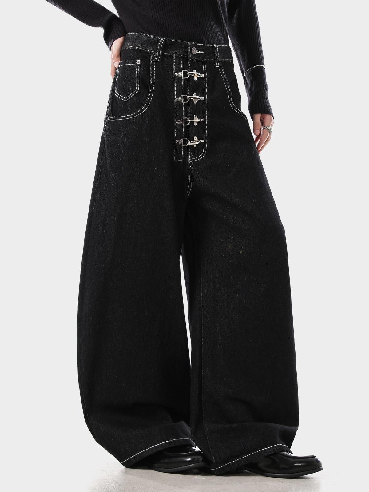 Japanese Brand Black Wide Leg Denim Jeans, Hook Closure Jeans Size US 32 / EU 48 - 1 Thumbnail