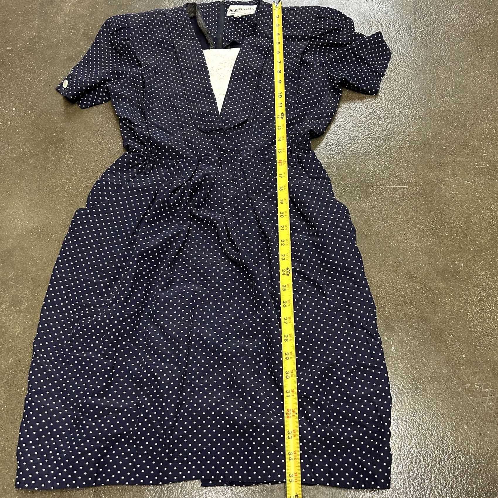 Vintage VINTAGE S.L. Petites Dress Womens Petite Small Navy White Polka Dot V Neck 80s Size M / US 6-8 / IT 42-44 - 6 Thumbnail