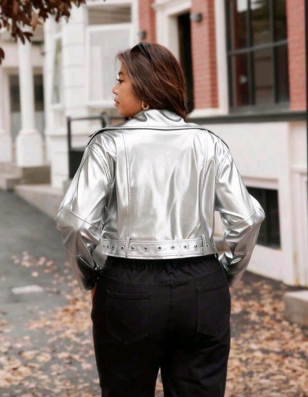 Other Women’s Silver Faux Leather Biker Jacket – Cropped Fit ✨🔥 Size M / US 6-8 / IT 42-44 - 2 Thumbnail