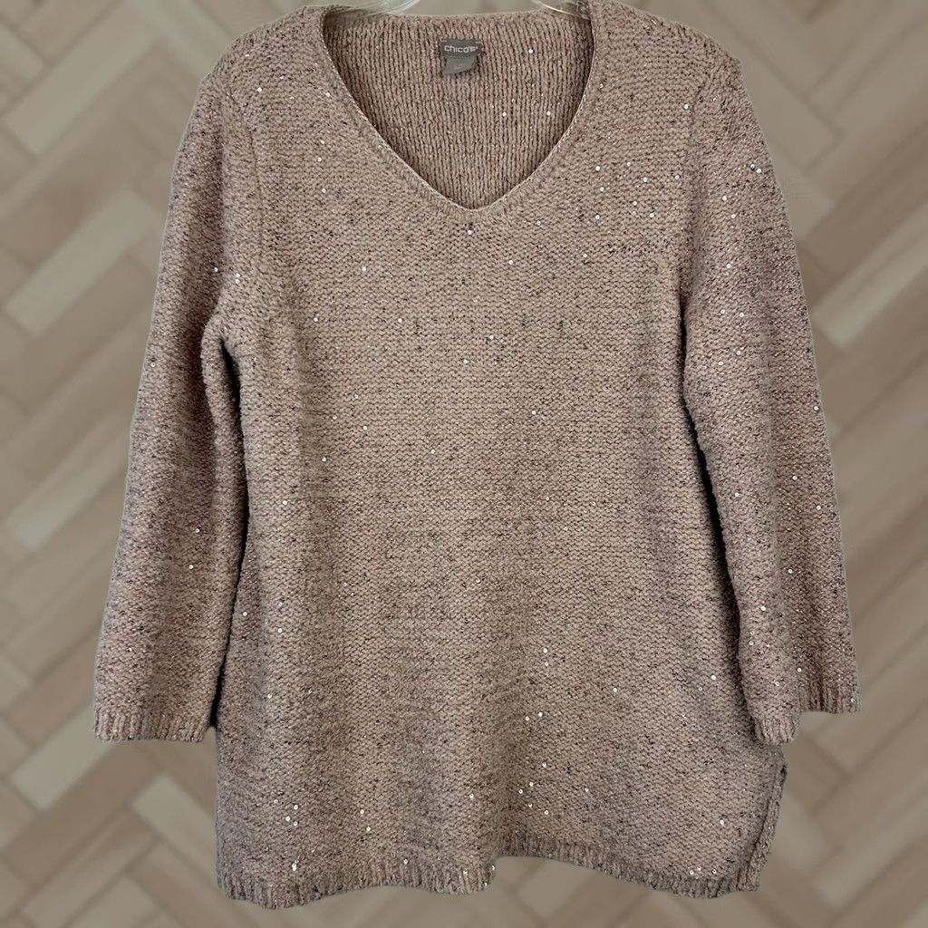 Vintage Chicos SweatER Womens L Sequin Dusty Rose V-Neck Knit Pullover Puff Sleeve Short Description: Organic? Size L / US 10 / IT 46 - 1 Thumbnail