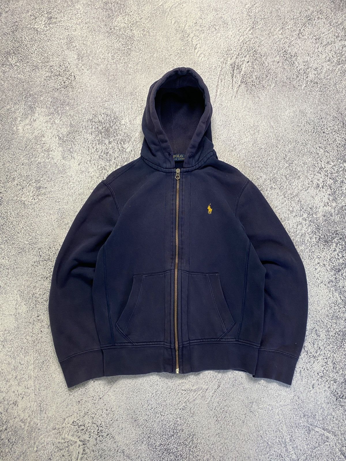 Pre-owned Polo Ralph Lauren X Vintage Polo Ralph Laurent Faded Zip Up Hoodie Yellow Pony In Faded Navy