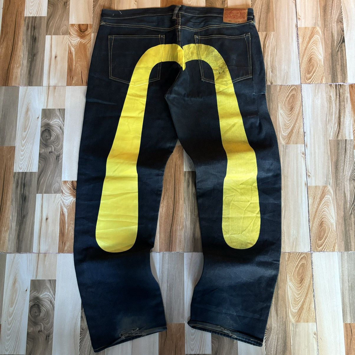 image of Crazy Vintage Evisu Diacock Yellow Selvedge Baggy Jeans in Black, Men's (Size 42)