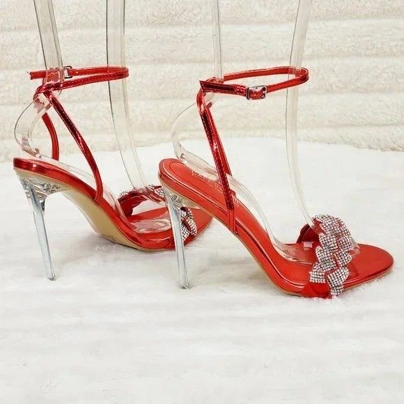 Other Eva Red Metallic Braided Rhinestone Stiletto Heel Wrap Strap Size US 8.5 / IT 38.5 - 4 Thumbnail