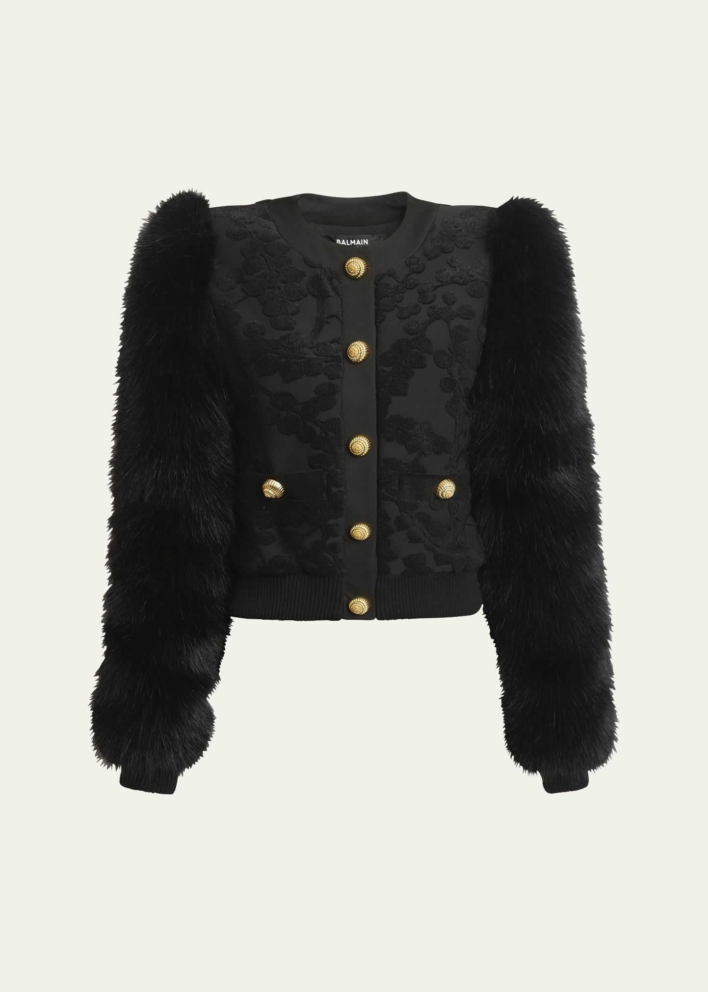 Balmain o1s1wg111025 Floral Faux Fur Bomber Jacket in Black Size XS / US 0-2 / IT 36-38 - 1 Thumbnail