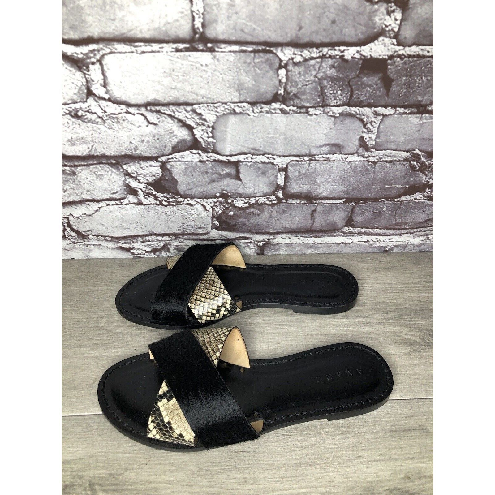 Other Amanu Black Calf Hair Leather Python Cross Strap Slides Sand Size US 9 / IT 39 - 6 Thumbnail