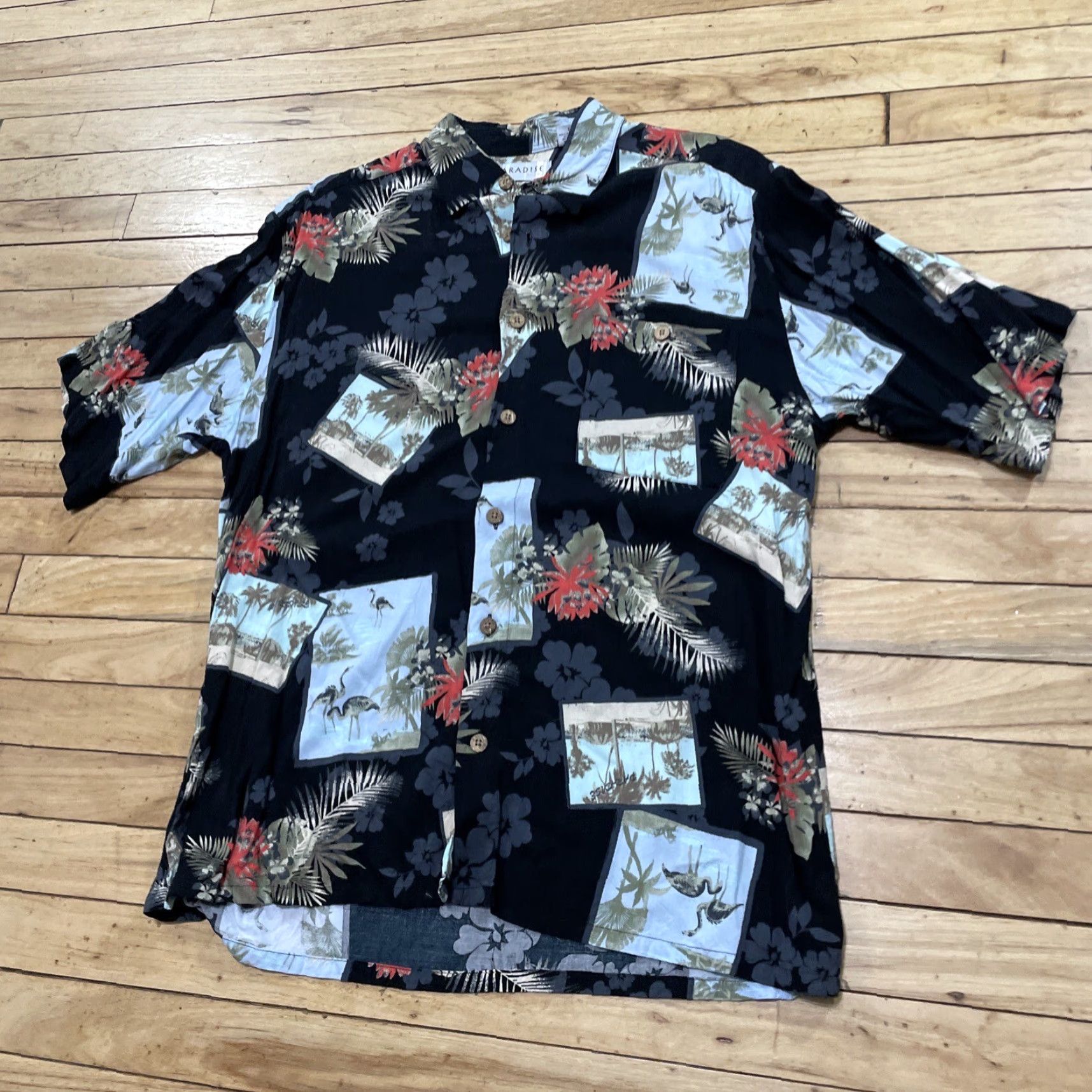 Paradise PARADISE AXIS Hawaiian Rayon Shirt Men L Floral Crane Stork Egret Button-Up, Short Sleeve, Multicolor, 100% Viscose, Casual Shirt Mens Size US L / EU 52-54 / 3 - 5 Thumbnail