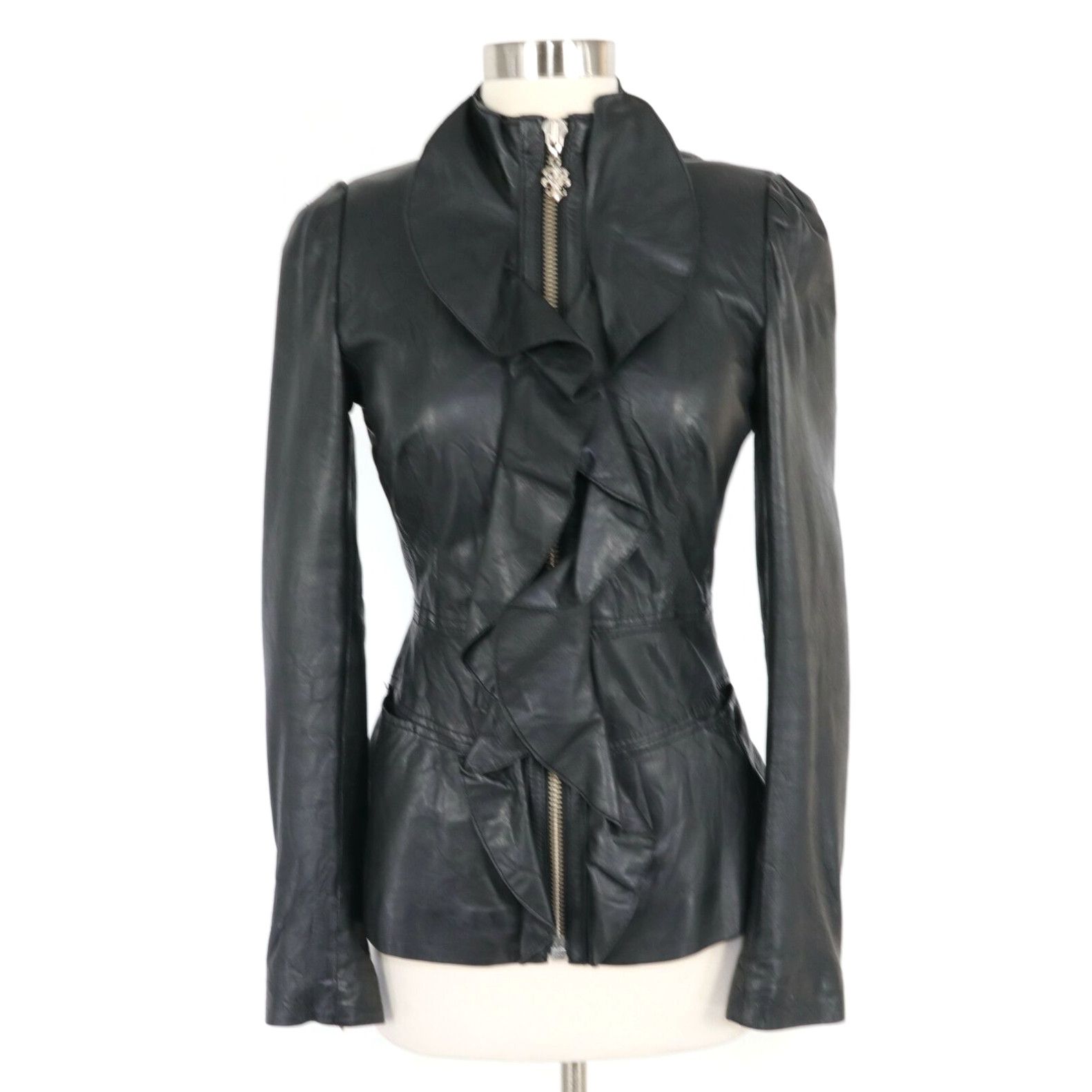 Image of Royal Underground Leather Jacket Womens Xs Black Ruffle Moto Zip Cuff Casual in White