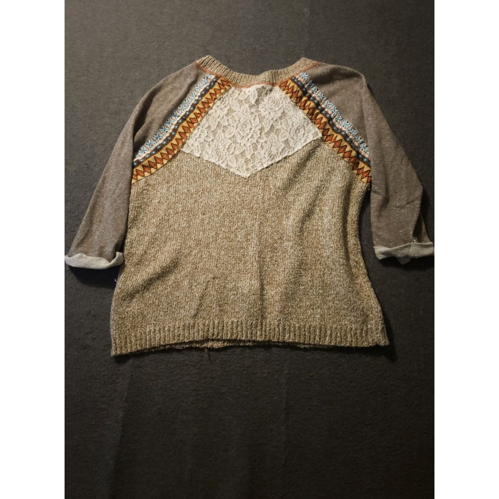 Vintage BKE Women's Sweater M 3/4 Sleeve Crochet Fringe Geometric Knit Beige Preppy Pullover Modern CasualMens Size M / US 6-8 / IT 42-44 - 5 Thumbnail