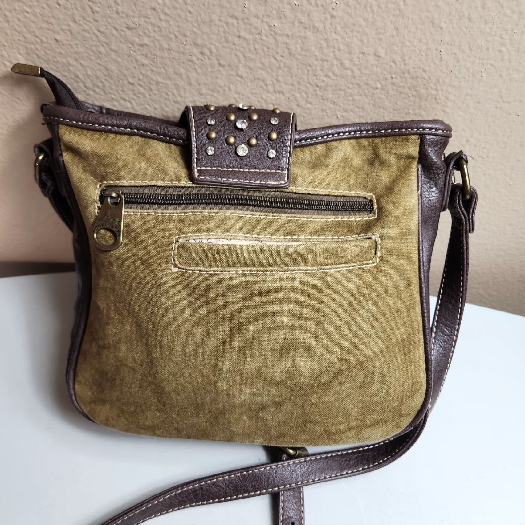 Vintage Montana West Crossbody Bag Brown Canvas Concealed Carry Embroidered Rhinestone Western Faux Leather Strap Women's Medium Size ONE SIZE - 6 Thumbnail