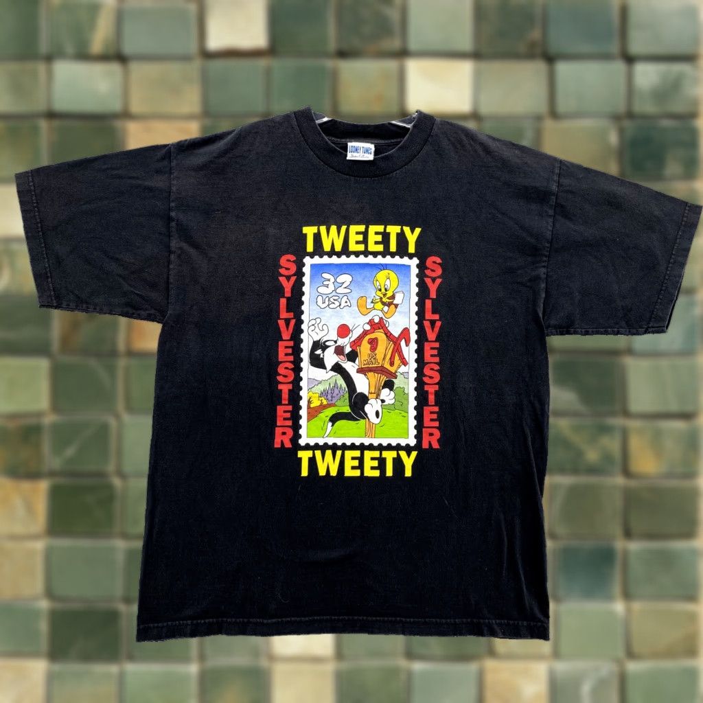 Vintage VINTAGE Looney Tunes T-Shirt XL Single Stitch '97 Tweety Stamp Y2k Streetwear Mens XL Black Graphic Print Tee Size US XL / EU 56 / 4 - 1 Thumbnail