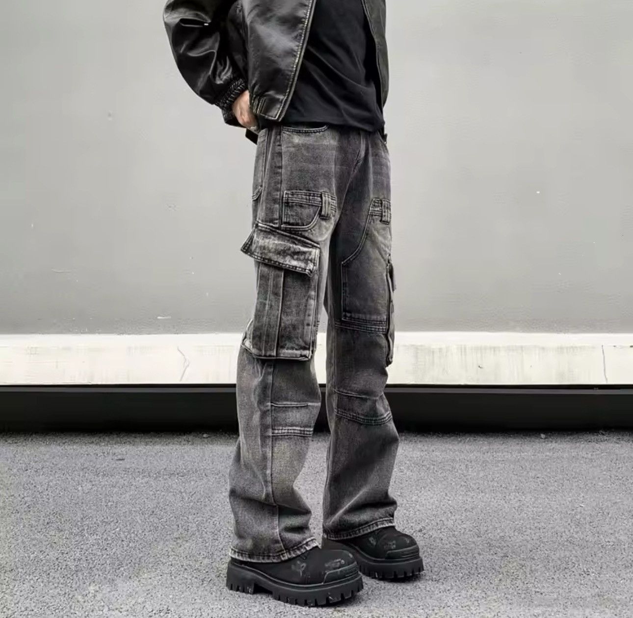 Jean High Street Style Dark Loose Cargo Jeans Size US 28 / EU 44 - 2 Thumbnail