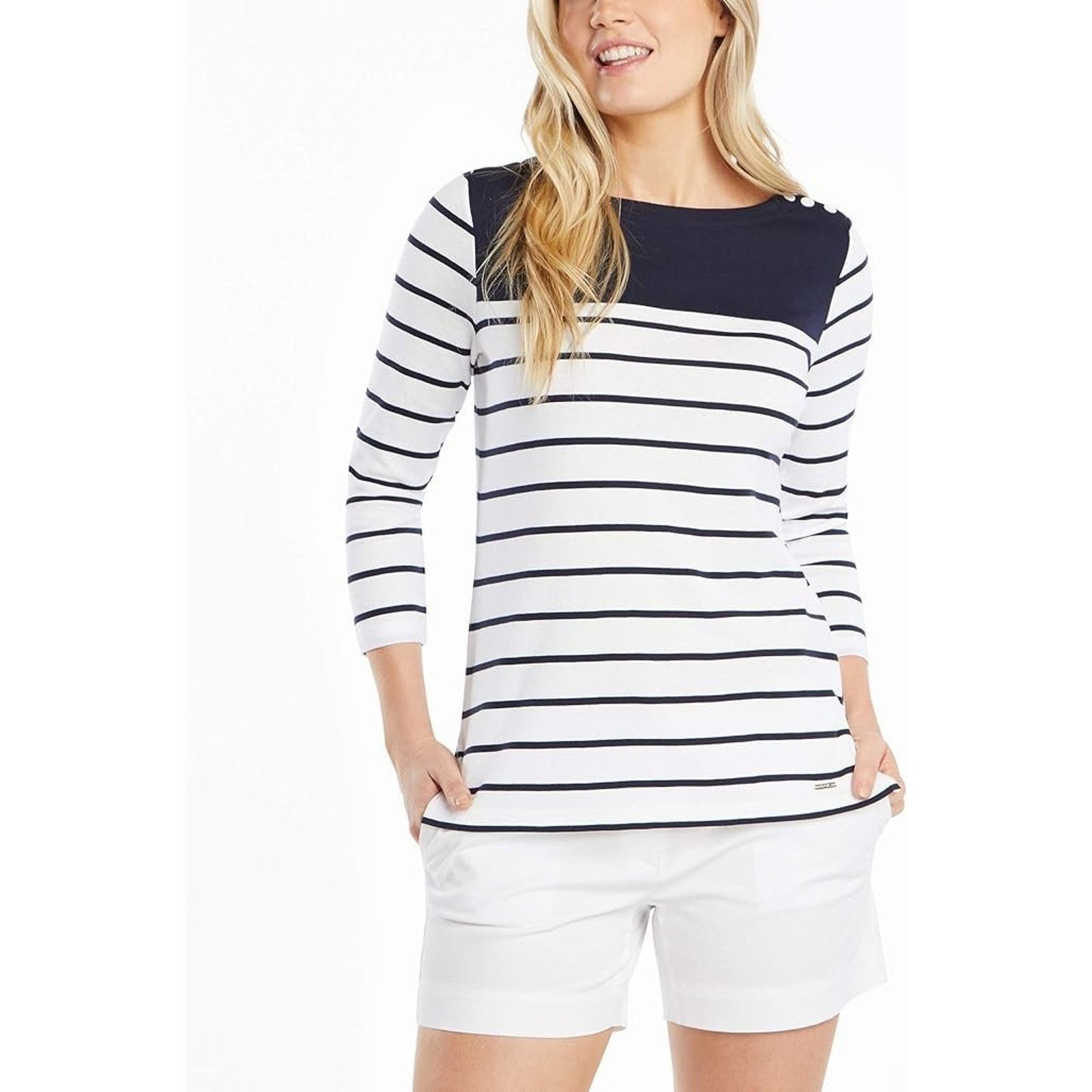Nautica Nautica Womens Breton Striped 3/4 Sleve Pure Shirt S A001557 Size S / US 4 / IT 40 - 1 Thumbnail