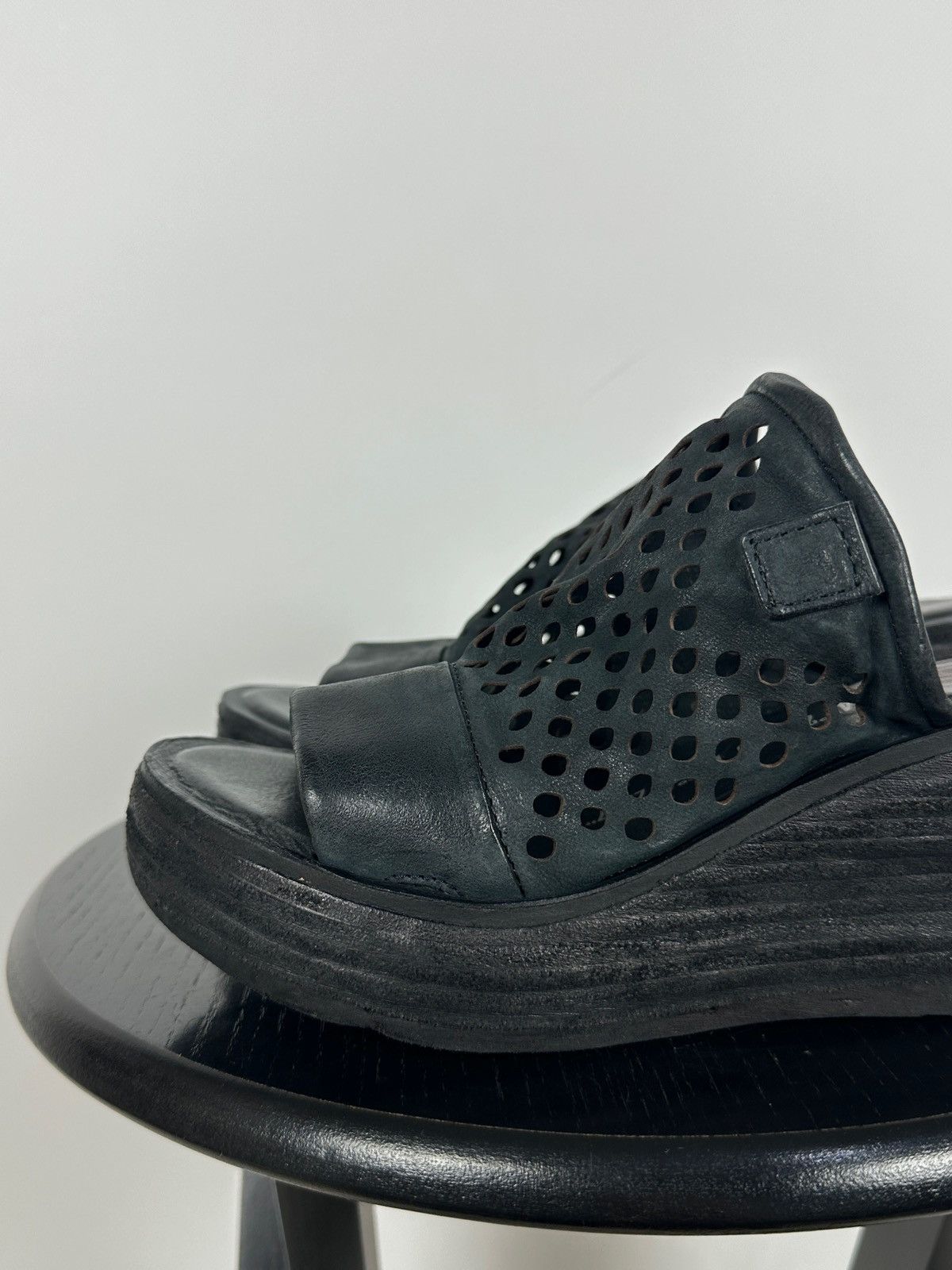 A.S.98 A.S.98 Black Perforated Leather Platform Slide Mules Sandals Size US 7 / IT 37 - 14 Thumbnail